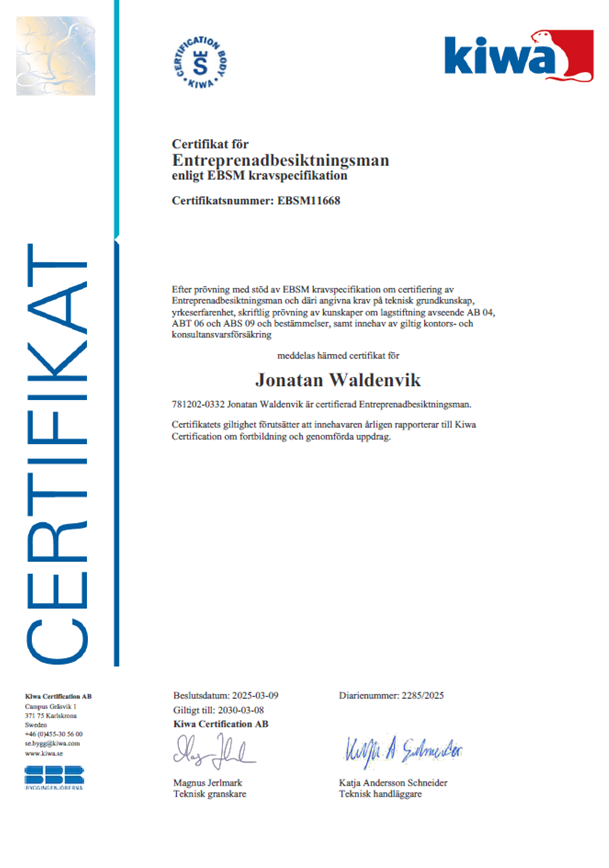 Av RISE certifierad besiktningsman, AV SP certifierad besiktningsman, entreprenadbesiktningsman